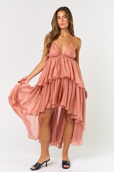 Peach Layered V-Neck Ruffle Dress