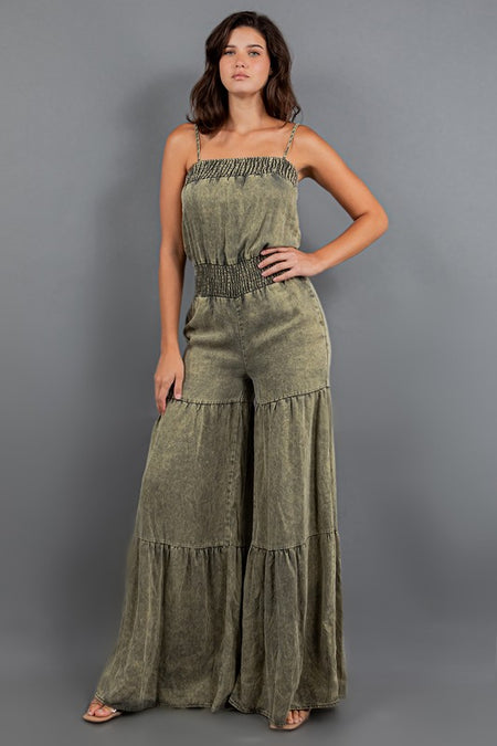 Green Colored Enchanted Petals Cascade Strapless Jumpsuit