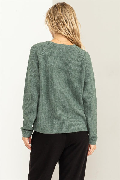 Washed Green Colored Ribbed Long Sleeve Sweater