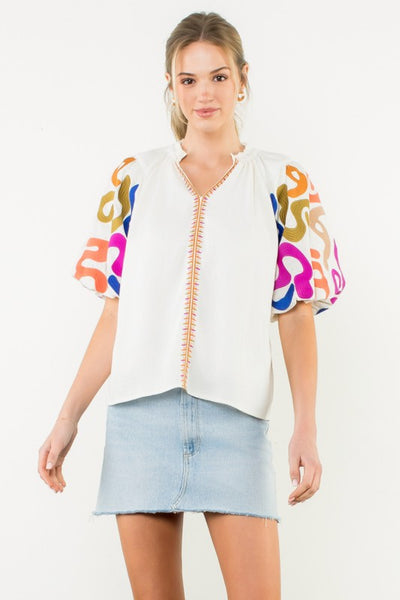 Embroidered Puff Sleeve V-Neck Top