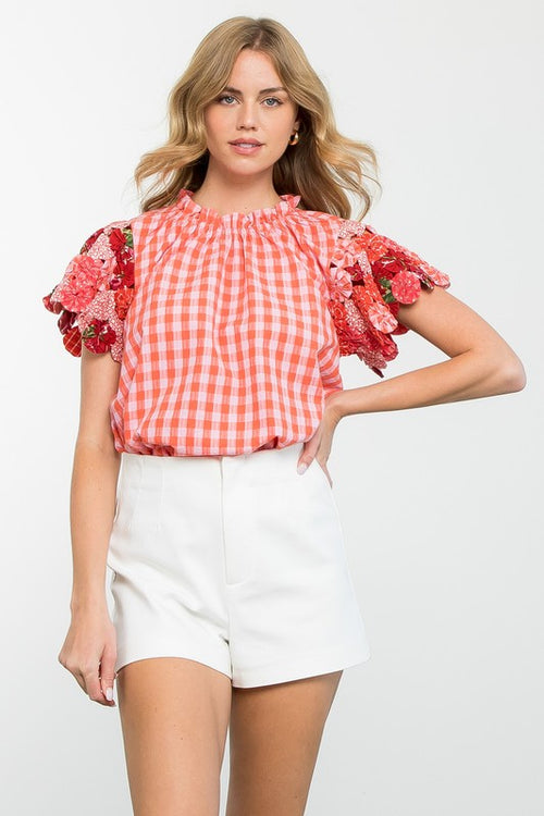 Red Colored Textured Sleeve Gingham Top