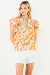 Orange Floral Print Ruffle Sleeve V-Neck Blouse