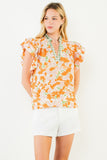 Orange Floral Print Ruffle Sleeve V-Neck Blouse