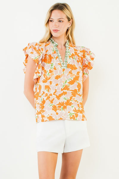 Orange Floral Print Ruffle Sleeve V-Neck Blouse