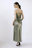 Olive Metallic Foil Satin Slip Midi Dress