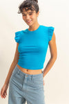 Blue Ruffle Sleeve Round Neck Top