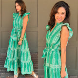 Green Printed Woven Ruffle Detail Midi Dress