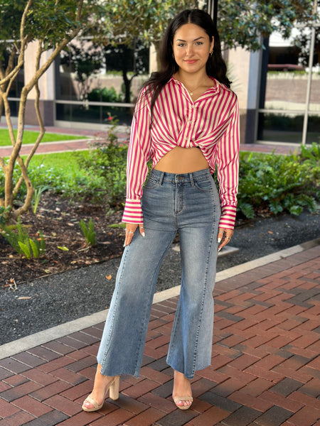 Pink Striped Twist Front Blouse
