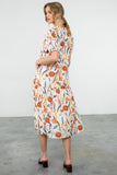 White and Orange Floral V-Neck Midi Dress