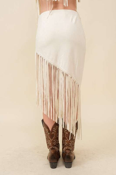 Cream Colored Western Fringe Suede Unbalanced Midi Skirt