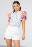 Blue Striped Embroidered Flutter Sleeve Top