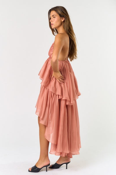 Peach Layered V-Neck Ruffle Dress