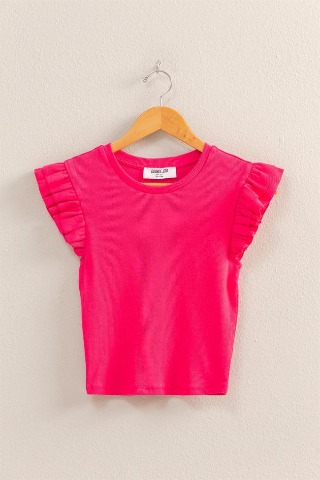 Raspberry Ruffle Sleeve Round Neck Top