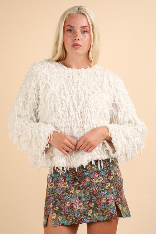 Ivory Fur Knit Top With Velvet Ribbon