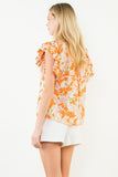 Orange Floral Print Ruffle Sleeve V-Neck Blouse