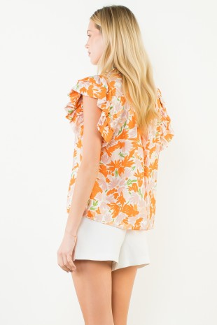 Orange Floral Print Ruffle Sleeve V-Neck Blouse