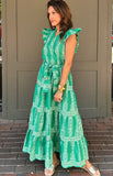 Green Printed Woven Ruffle Detail Midi Dress