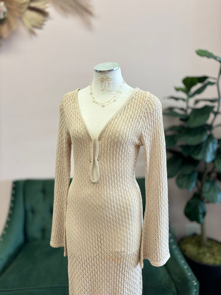Nude Long Sleeve Crochet Maxi Dress
