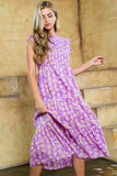 Purple Smocked Tie Dye Flower Midi Dress