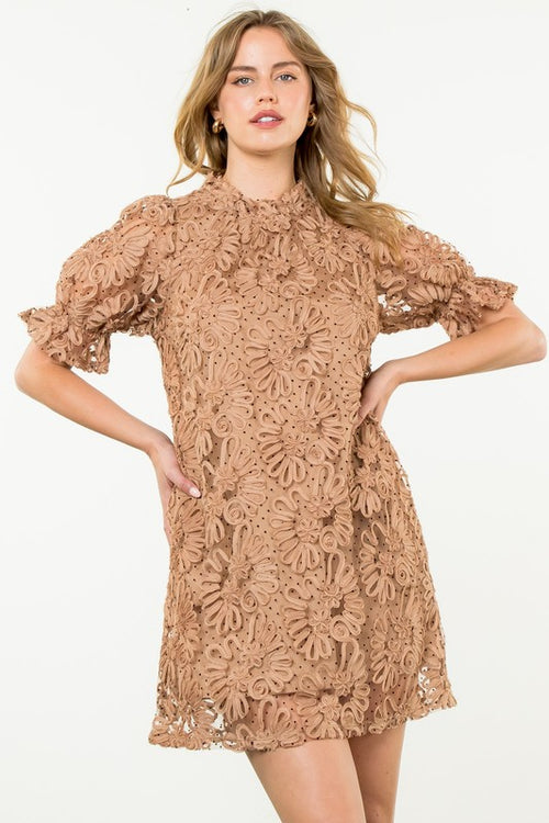 Tan Detailed Mesh Short Sleeve Dress