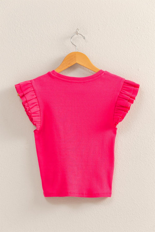Raspberry Ruffle Sleeve Round Neck Top