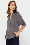 Charcoal Tied Front Short Sleeve Blouse