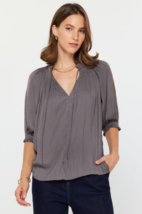 Charcoal Tied Front Short Sleeve Blouse