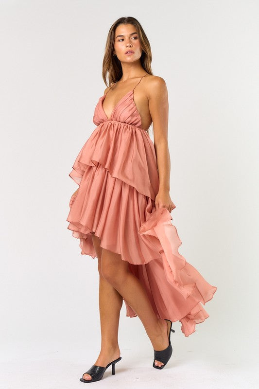 Peach Layered V-Neck Ruffle Dress