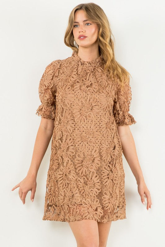 Tan Detailed Mesh Short Sleeve Dress