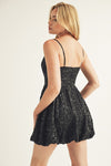 Black Embroidered Floral and Sequin A Line Mini Dress