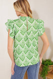 Green Printed Ruffle Neckline Blouse