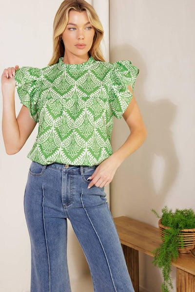 Green Printed Ruffle Neckline Blouse