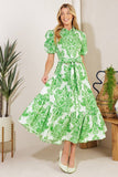 Green Printed Ruffle Sleeve Midi Dress