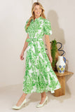 Green Printed Ruffle Sleeve Midi Dress