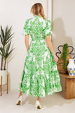 Green Printed Ruffle Sleeve Midi Dress