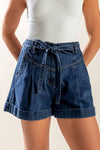 Dark Denim Front Tie Cuffed Shorts