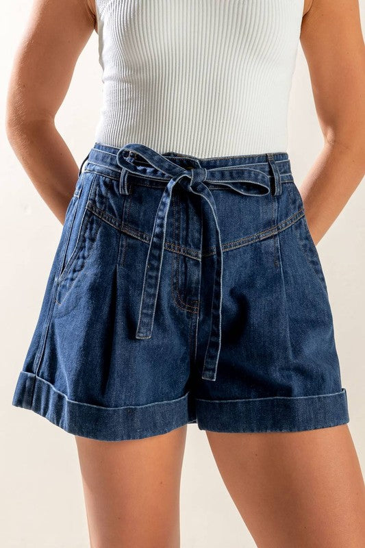 Dark Denim Front Tie Cuffed Shorts
