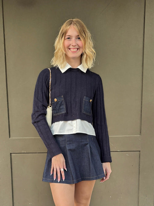 Denim Knit Patch Long Sleeve W/ Denim Skirt Set