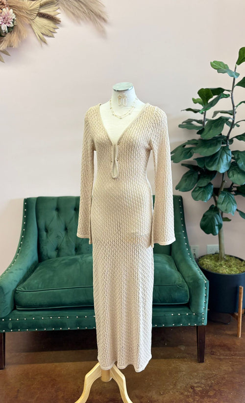 Nude Long Sleeve Crochet Maxi Dress