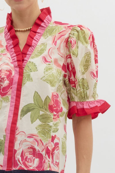 Cream Pink Floral Printed Ruffle Blouse