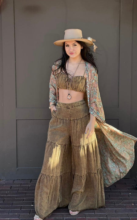 Green Colored Sequin Tube Top and Wide Leg Pant Set
