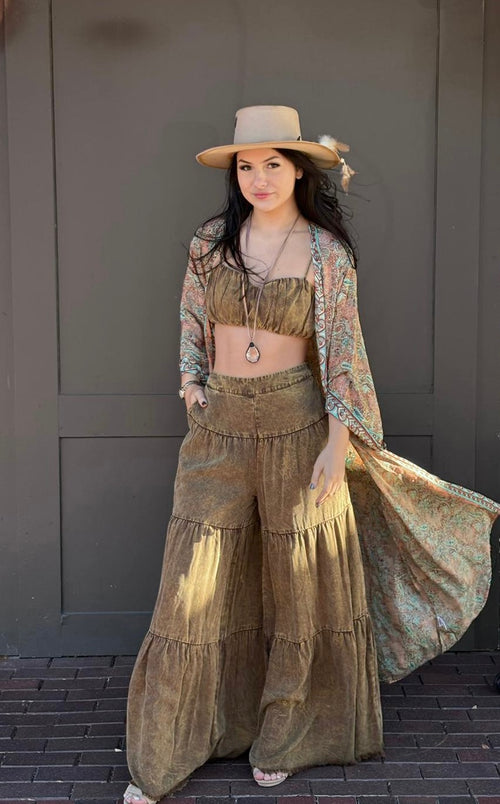 Brown Colored Washed Tencel Crop Top with Wide Leg Pants Set
