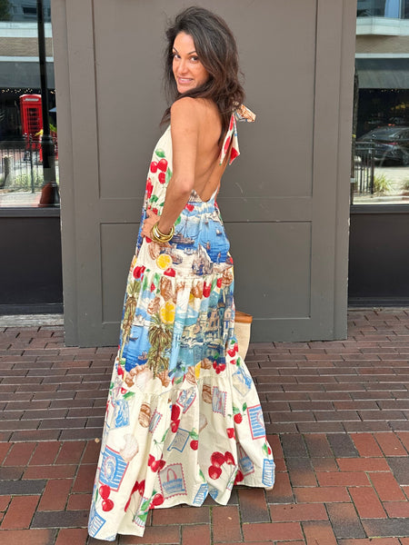 Printed Italy Maxi Halter Dress