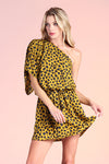 Mustard Colored Leopard Print One Shoulder Mini Dress