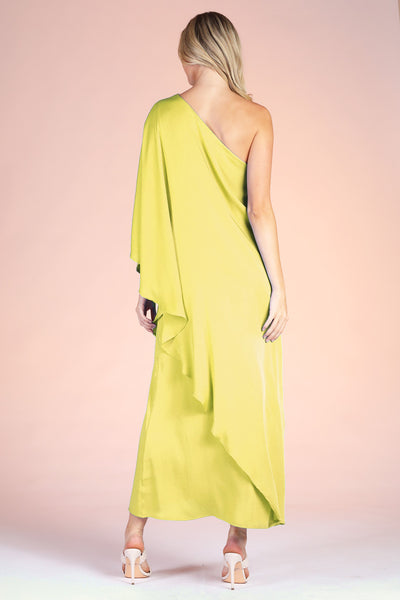Chartreuse Colored Washed Poly Silk Athena One Shoulder Maxi Dress
