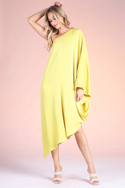 Chartreuse Colored Washed Poly Silk Asymmetrical One Sleeve Dress