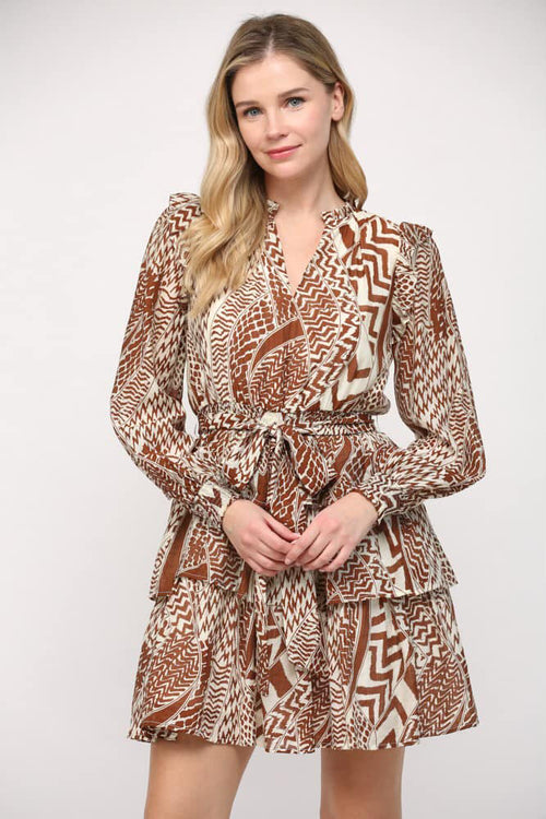 Cream and Brown Animal Print Flutter Sleeve Dress