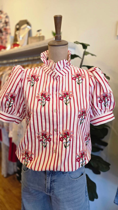 Red Stripe & Floral Blouse