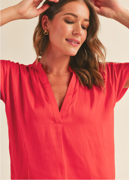 Candy Apple Red Colored Silky V Neck Silk Blouse