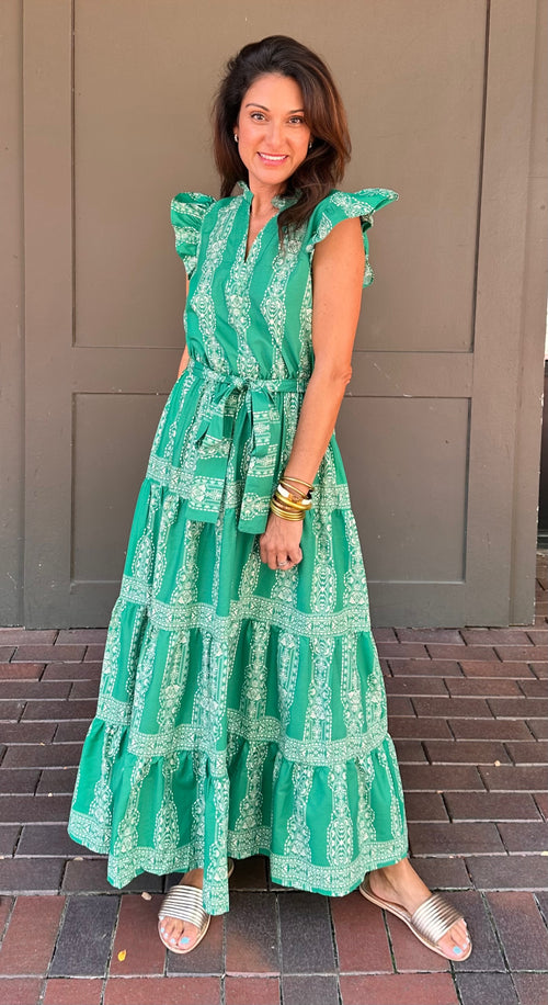 Green Printed Woven Ruffle Detail Midi Dress
